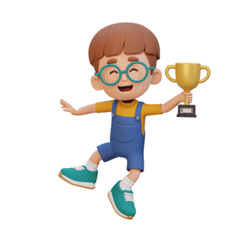 3D kid character celebrating win holding a trophy png
