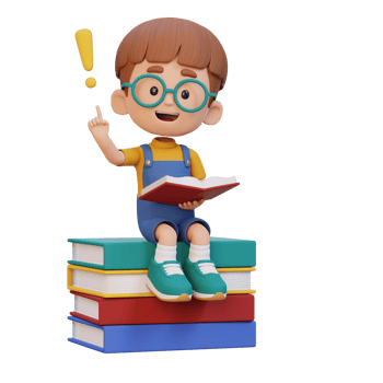3D kid character get an idea when reading a book png