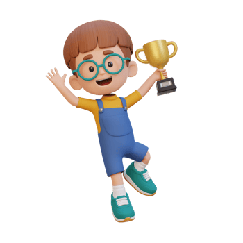 3D kid character celebrating win holding a trophy png