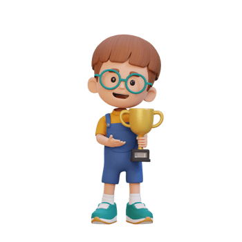 3D kid character celebrating win holding a trophy png