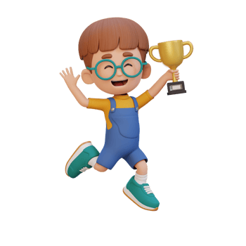 3D kid character celebrating win holding a trophy png