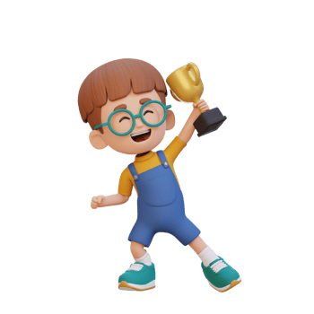 3D kid character celebrating win holding a trophy png