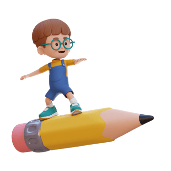 3D kid character standing riding a pencil png