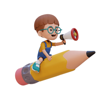 3D kid character riding a pencil and holding megaphone png
