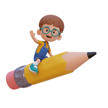 3D kid character riding a pencil and waving hand png