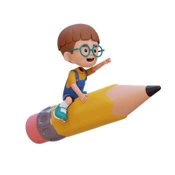 3D kid character riding a pencil and pointing hand png