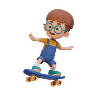 3D kid character ride skateboard png