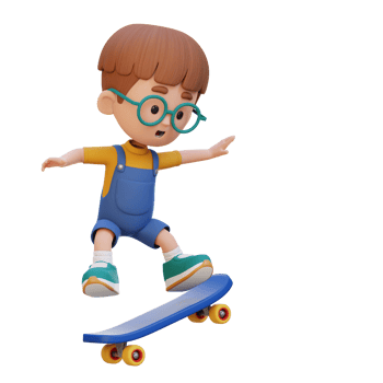 3D kid character ride skateboard png