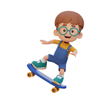 3D kid character ride skateboard png