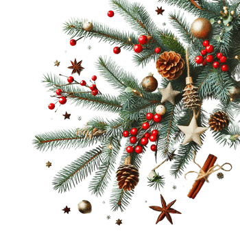 AI generated A Christmas tree branch with pine cones and colorful ornament on a transparent background png