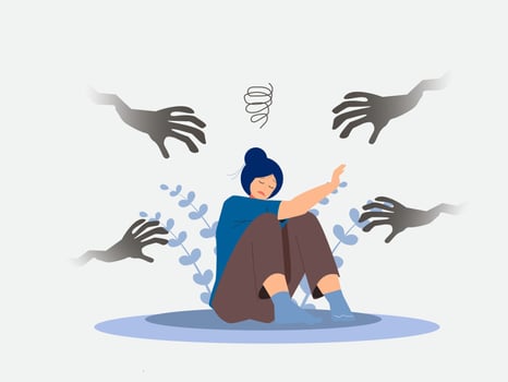 Fear or afraid of failure, struggle or shackle, feeling depressed or disorder, phobia, anxiety or stressed burnout or negative thinking concept, fearful woman sitting with evil hand threaten. vector