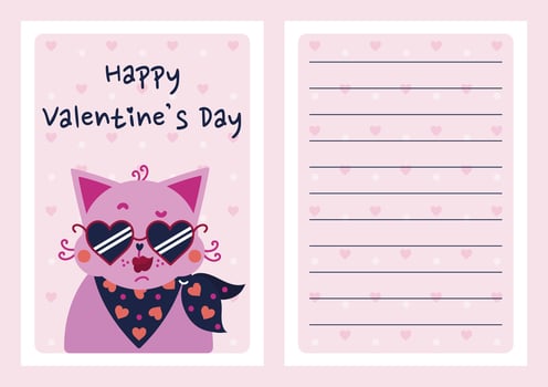 Cute pink cat girl. Stylish kitten in a neckerchief, heart-shaped sunglasses. Bright funny pet in love. Vector template for Valentines Day. Flat cartoon romantic card with backside, copy space