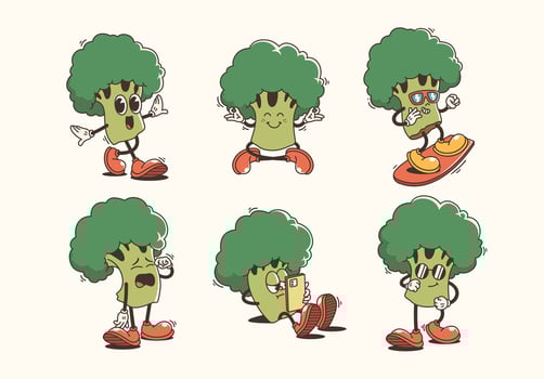 Set of Traditional Brocolli Cartoon Illustration with Varied Poses and Expressions vector