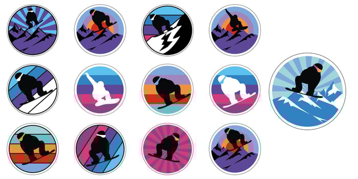 Set of Snowboarding patches. Vector illustration. Concept for stickers, patch, shirt, print, stamp. snowboarder, freerider and mountain silhouette. Extreme sport.