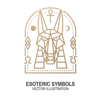 Esoteric symbols. Vector. Thin line geometric badge. Outline icon for alchemy or sacred geometry. Mystic and magic design with egyptian god Anubis, stars,moon, sun, planets and magic sign vector