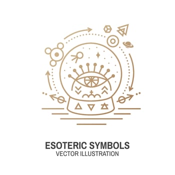 Esoteric symbols. Vector. Thin line geometric badge. Outline icon for alchemy or sacred geometry. Mystic and magic design with glass ball and all-seeing eye. vector