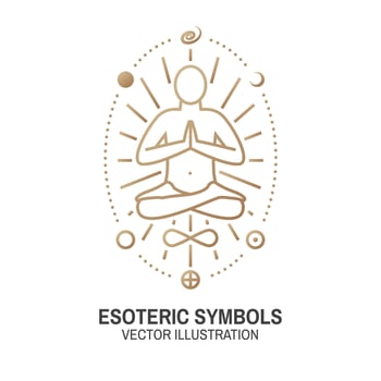 Esoteric symbols. Vector. Thin line geometric badge. Outline icon for alchemy, sacred geometry. Mystic and magic design with bat wing, stars, planets and moon. vector