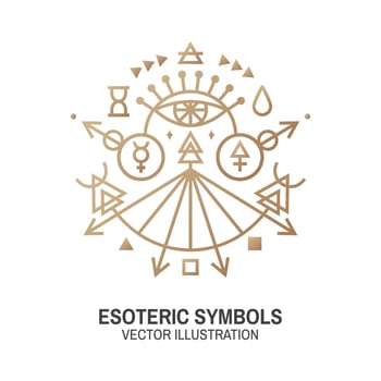 Esoteric symbols. Vector. Thin line geometric badge. Outline icon for alchemy or sacred geometry. Mystic and magic design with all-seeing eye. vector