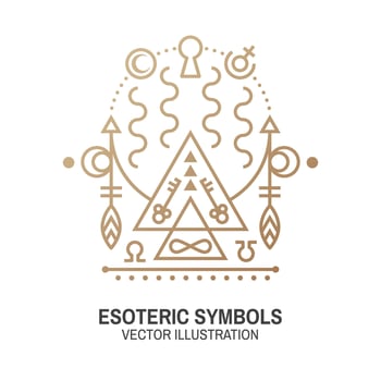 Esoteric symbols. Vector. Thin line geometric badge. Outline icon for alchemy or sacred geometry. Mystic and magic design with Gate to another world. vector