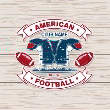 American football or rugby club badge. Vector. Concept for shirt, logo, print, stamp, tee, patch. Vintage typography design with american football ball, grass and shoulder pads silhouette vector
