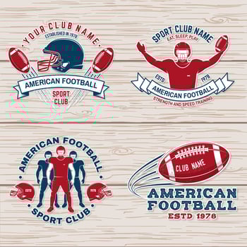 Set of american football or rugby club badge. Vector for shirt, logo, print, stamp, patch. Vintage design with american football sportsman player, helmet, ball, grass and shoulder pads silhouette