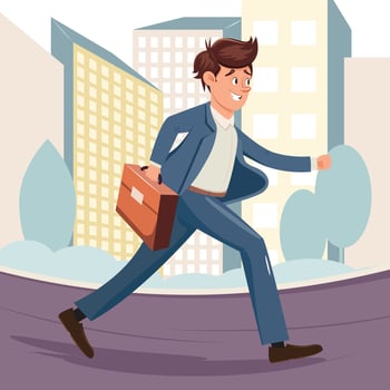 Young man walking fast on the street  with a briefcase to the office, home, meeting. Business concept illustration outdoor vector