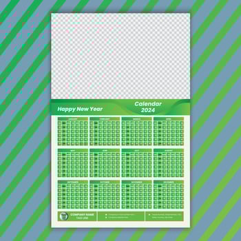 Modern One Page Green Color Wall Calendar 2024 Template Design and Pro Vector Illustration