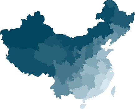 Vector isolated illustration of simplified administrative map of China. Borders of the provinces, regions. Blue silhouettes.