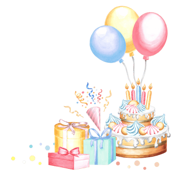 Template Happy birthday watercolor postcard. Festive cake with colorful balloons, gifts, exploding party popper with ribbons and confetti. Hand drawn illustration for cards and invitation, holidays png
