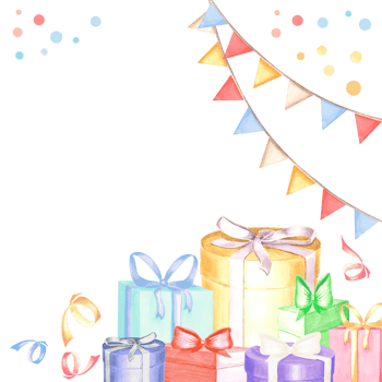 Template Happy birthday watercolor postcard. Festive giftboxes and garlands of flags, streamers, ribbons and confetti. Hand drawn illustration for greeting cards, invitation, decoration holiday party png