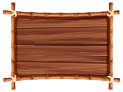 Bamboo frame from sticks and rope with wooden plank, desk in cartoon style, border isolated on white background. Tribal panel, game menu. Vector illustration png