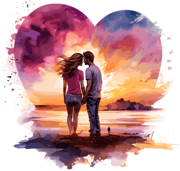AI generated The couple holding hands in front of cinematic sunset with Heart Shape Couple Sublimation Design,  perfect on t shirts, mugs, signs, cards and much more png