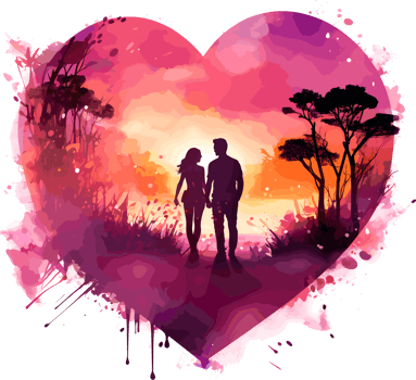 AI generated The couple holding hands in front of cinematic sunset with Heart Shape Couple Sublimation Design,  perfect on t shirts, mugs, signs, cards and much more png
