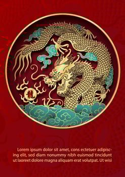 Chinese New Year greeting card Year of the dragon in paper cut style and vector design. Chinese letters is meaning Dragon in English.