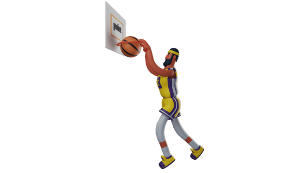 3D illustration. Best Basketball Athlete 3D cartoon character. Athlete puts the basketball into the opponent's ring. Basketball player managed to be several points ahead. 3D cartoon character png