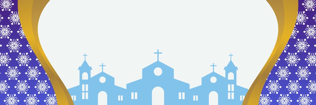 Christmas background, with snow ornaments and church silhouette. vector template for banner, poster, social media, Christian holiday greeting card.