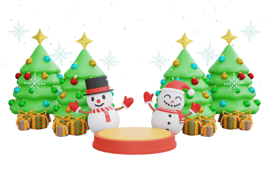 3D illustration of a Christmas Snowman and Trees on a podium. Christmas decoration design png