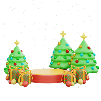 3D illustration of Christmas Trees Podium with Presents. Christmas decoration design png