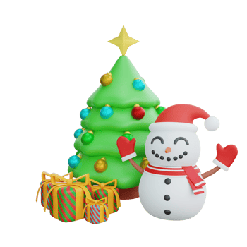 3D illustration of Christmas Tree and Snowman with Gifts. Christmas decoration design png