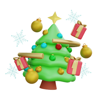 3D illustration of Christmas Tree with Ornaments and Gifts. Christmas decoration design png