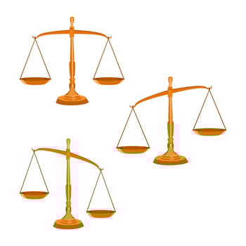 Set of scales. Bowls of scales in balance, an imbalance of scales on transparent background vector