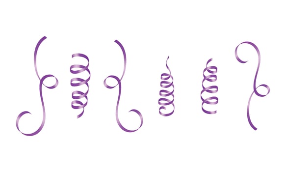 Vector purple curled ribbons serpentine realistic set