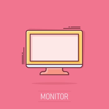 Vector cartoon computer icon in comic style. Monitor sign illustration pictogram. Tv business splash effect concept.