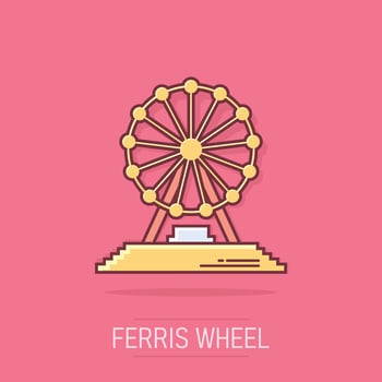 Vector cartoon ferris wheel icon in comic style. Carousel in park sign illustration pictogram. Amusement ride business splash effect concept.