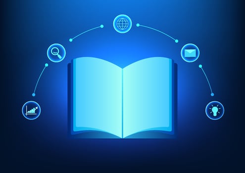 Modern educational technology Books connected to technology icons represent modern education combined with technology. online learning online books vector