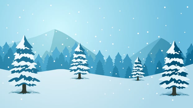 Winter pine forest landscape vector illustration. Scenery of snow covered coniferous in cold season. Snowy pine forest panorama for background, wallpaper or illustration