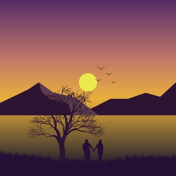 Romantic Couple on Sunset Vector Background Illustration