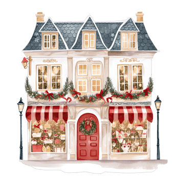 AI generated European Christmas storefront with bows and wreaths decorated for winter holidays png