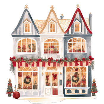 AI generated European Christmas storefront with bows and wreaths decorated for winter holidays png