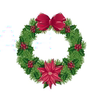 Christmas wreath of pine, fir branches with holly leaves, berries, poinsettia and red bow. Christmas decoration element for holiday packaging, design. Vector illustration isolated on white background